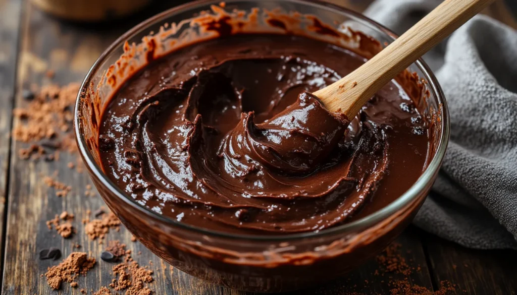 Glass bowl of glossy chocolate cake batter with a wooden spoon, ready to make a rich triple fudge bundt cake.