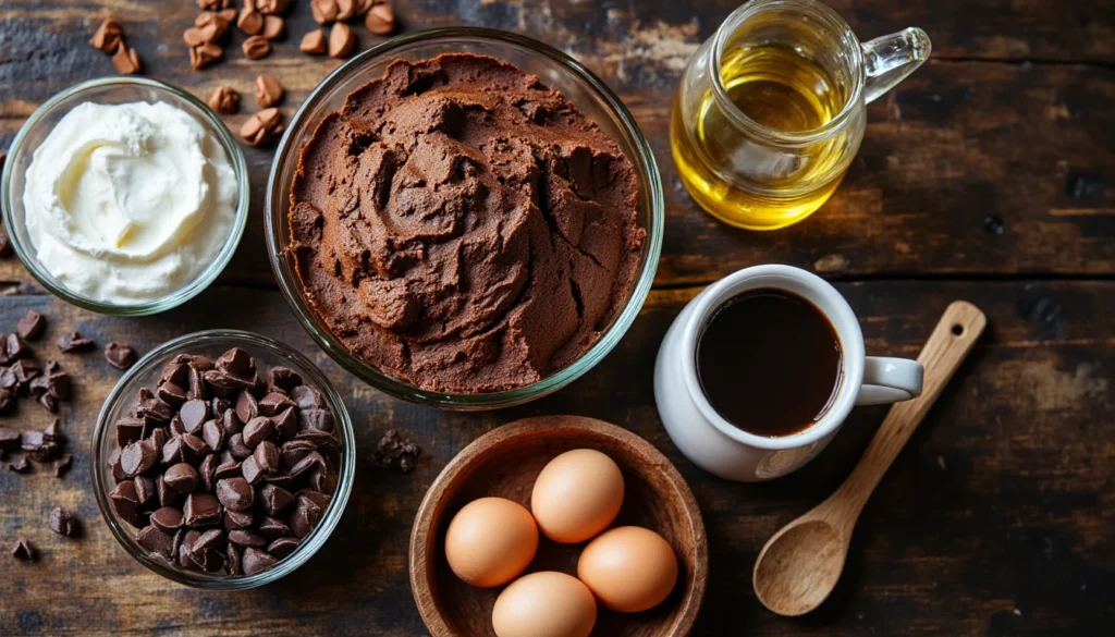Overhead view of sour cream, chocolate batter, eggs, oil, coffee and chocolate chips for an easy chocolate bundt cake.