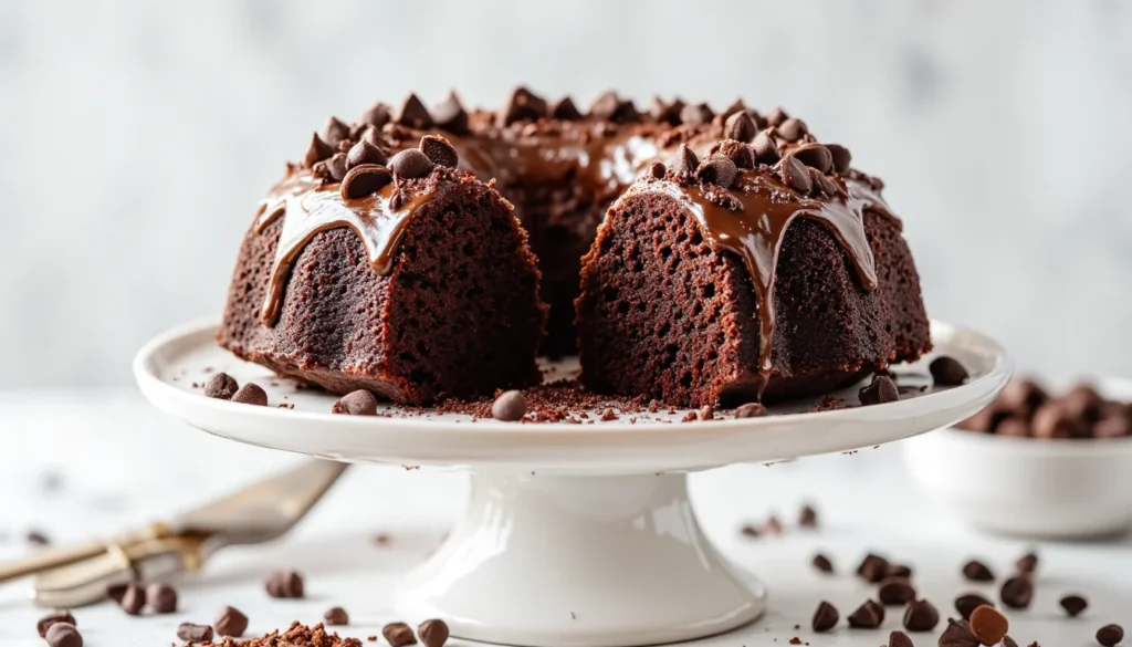 Whole triple fudge chocolate bundt cake on a stand, coated in shiny ganache with chocolate crumbs around the base.