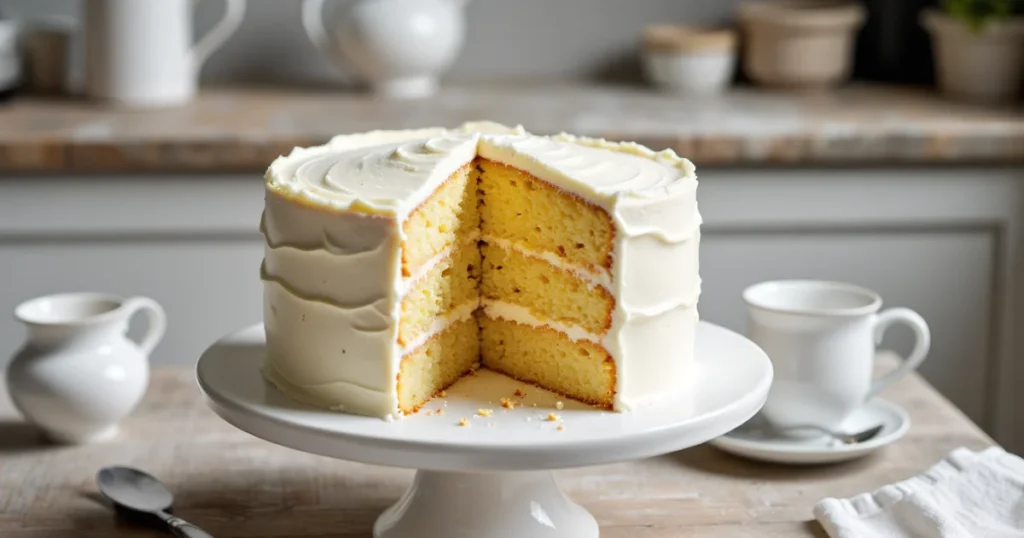 Three-layer vanilla cake with smooth white buttercream frosting, displayed on a white cake stand with one clean slice removed to reveal the soft yellow crumb.