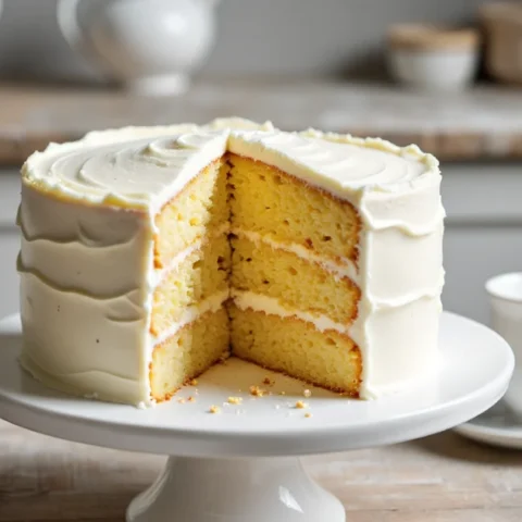 Three-layer vanilla cake with smooth white buttercream frosting, displayed on a white cake stand with one clean slice removed to reveal the soft yellow crumb.