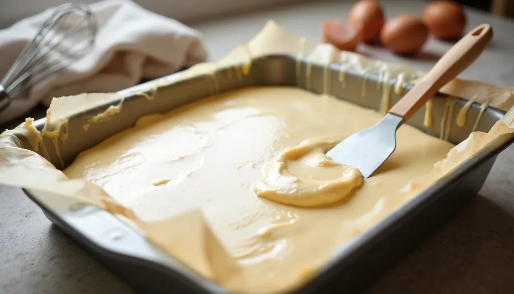 Side angle of vanilla snack cake batter being spread into a parchment-lined 8x8 pan before baking.