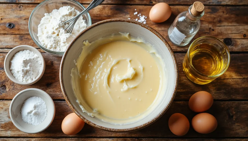 Overhead view of one-bowl vanilla snack cake batter surrounded by flour, eggs, oil and vanilla on a rustic wooden table.