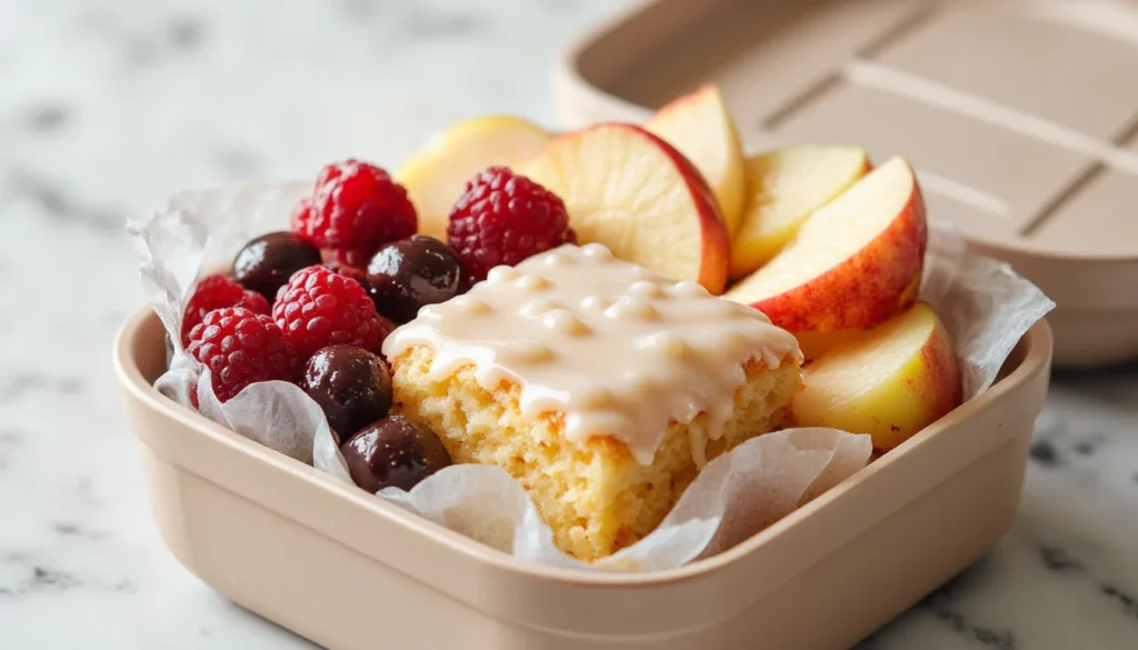Lifestyle shot of a glazed vanilla snack cake square packed in a lunchbox with fresh berries and sliced peaches.