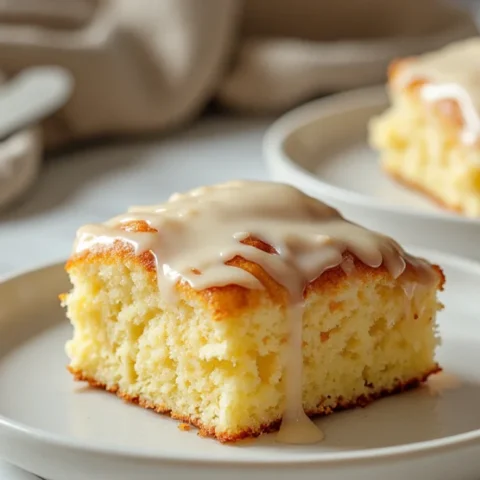 Moist slice of old-fashioned vanilla snack cake topped with vanilla glaze, served on a white plate with a second slice in the background.