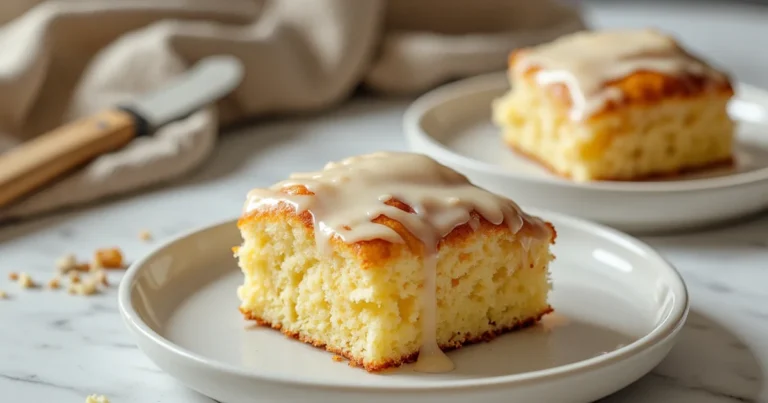 Moist slice of old-fashioned vanilla snack cake topped with vanilla glaze, served on a white plate with a second slice in the background.