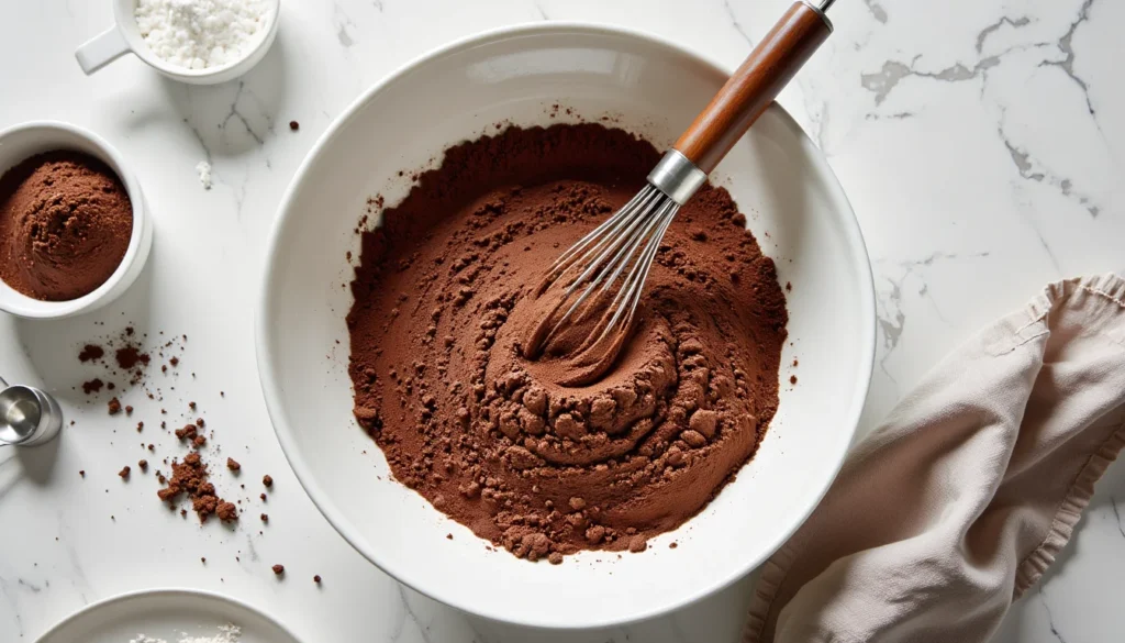 Whisk combining flour cocoa sugar baking powder and baking soda in a bowl for easy chocolate cake