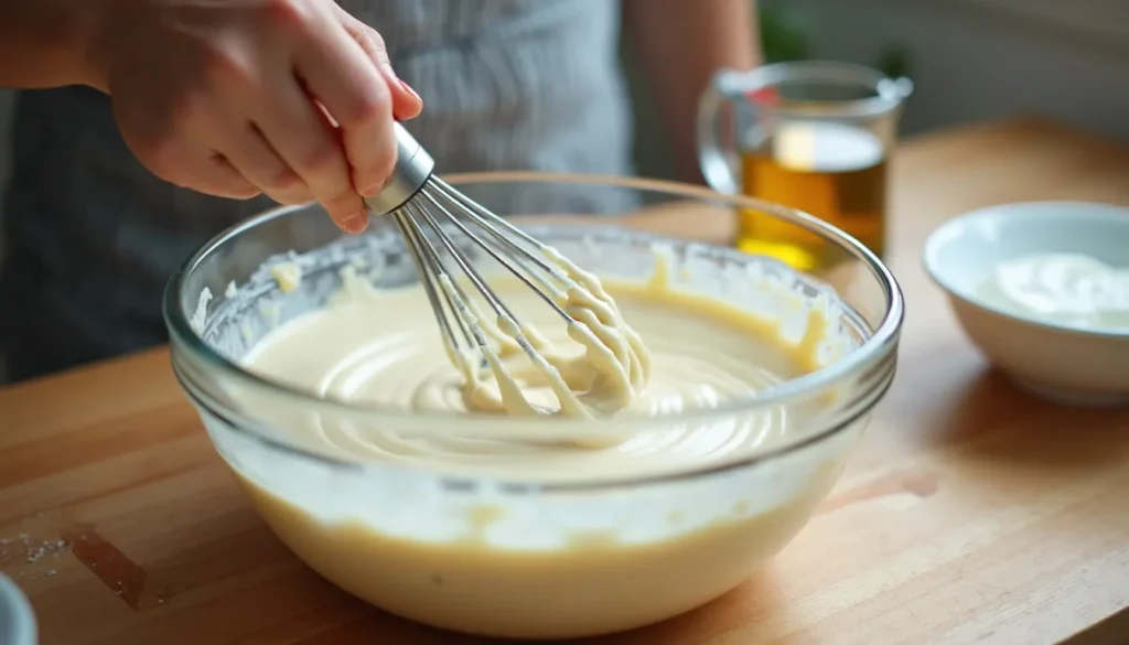 Close up of a hand whisking smooth vanilla snacking cake batter in a glass bowl with oil and sour cream in the background.