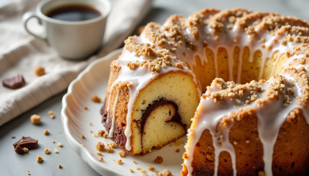 Golden sour cream coffee cake bundt with a cinnamon swirl and crumb streusel, drizzled with powdered sugar glaze on a white plate beside a cup of coffee.