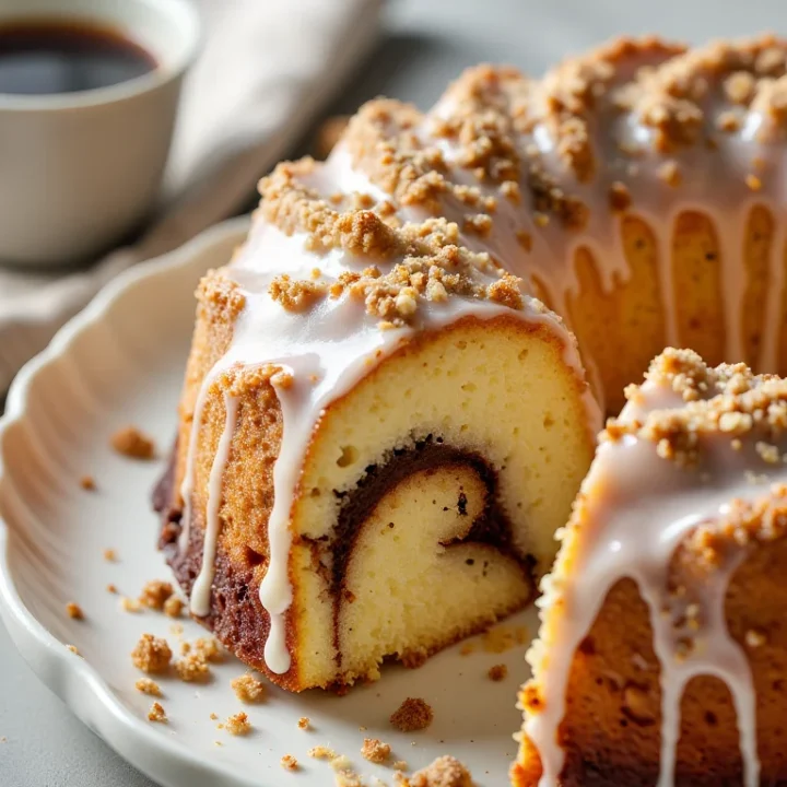 Golden sour cream coffee cake bundt with a cinnamon swirl and crumb streusel, drizzled with powdered sugar glaze on a white plate beside a cup of coffee.
