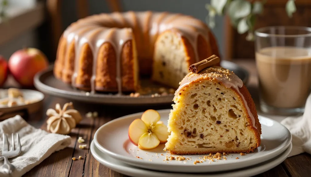 Slice of moist apple cider donut bundt cake with cinnamon glaze, served on a plate with fresh apple slices and a glass of coffee in the background
