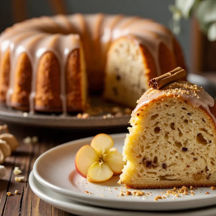 Slice of moist apple cider donut bundt cake with cinnamon glaze, served on a plate with fresh apple slices and a glass of coffee in the background