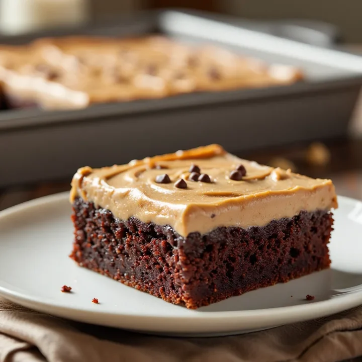 A slice of moist chocolate sheet cake topped with creamy peanut butter frosting and chocolate chips, served on a white plate with the full cake in the background.