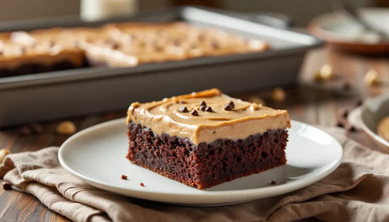 A slice of moist chocolate sheet cake topped with creamy peanut butter frosting and chocolate chips, served on a white plate with the full cake in the background.