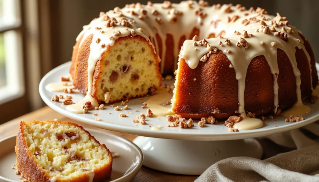Moist hummingbird bundt cake with cream cheese glaze and toasted pecans on a white cake stand