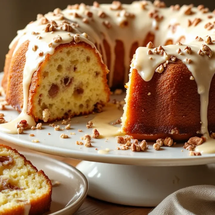 Moist hummingbird bundt cake with cream cheese glaze and toasted pecans on a white cake stand