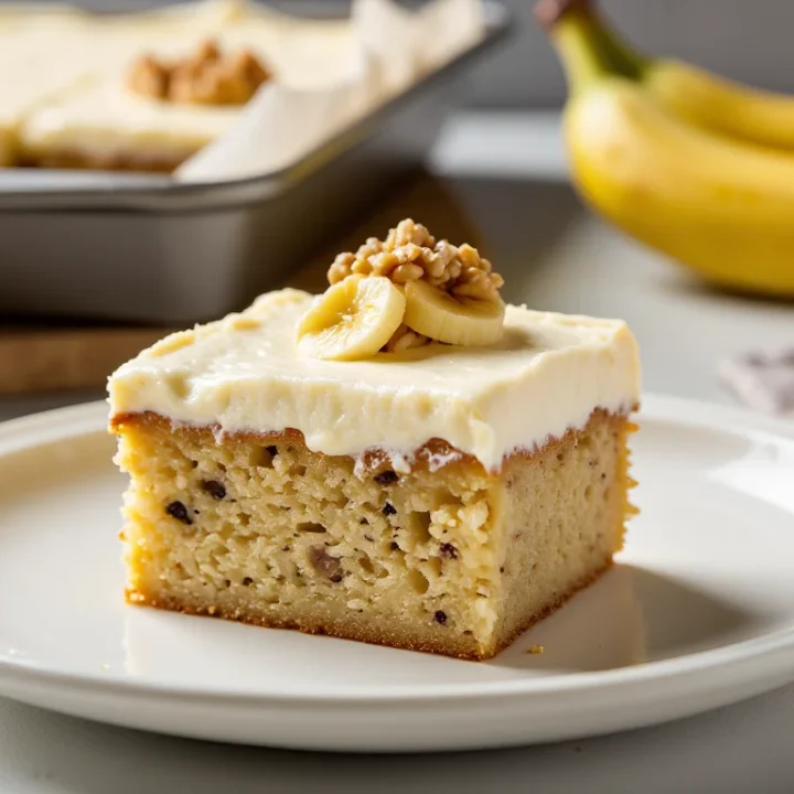 A moist slice of banana sheet cake topped with cream cheese frosting and banana slices, served on a white plate.
