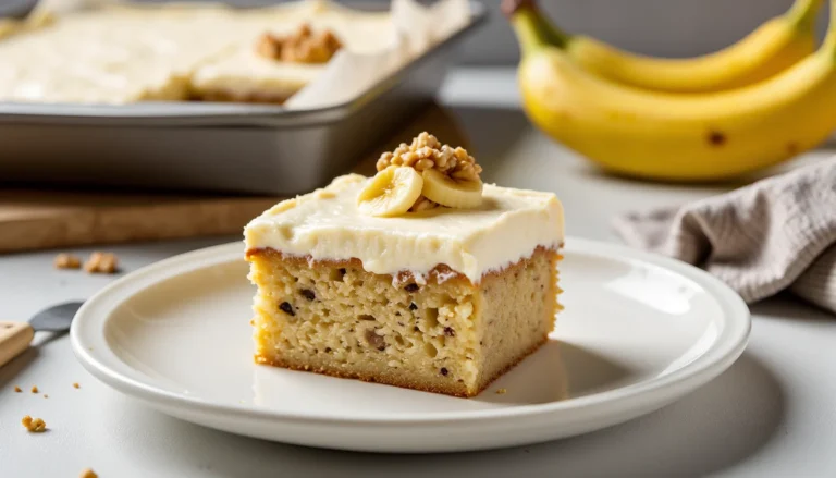 A moist slice of banana sheet cake topped with cream cheese frosting and banana slices, served on a white plate.