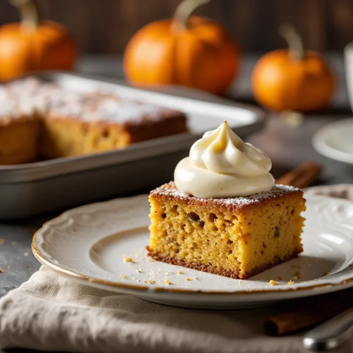 A slice of moist pumpkin snack cake topped with cream cheese frosting on a white plate, with a pan of cake and small pumpkins in the background