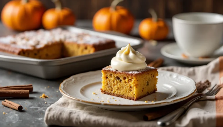 A slice of moist pumpkin snack cake topped with cream cheese frosting on a white plate, with a pan of cake and small pumpkins in the background