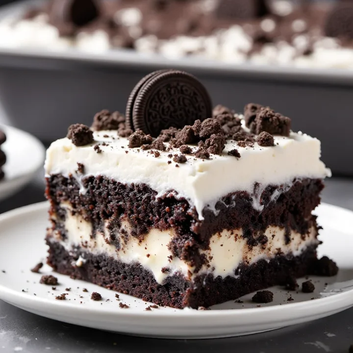 Fudgy chocolate Oreo poke cake slice with creamy cookies‑and‑cream filling and whipped topping, garnished with crushed Oreos