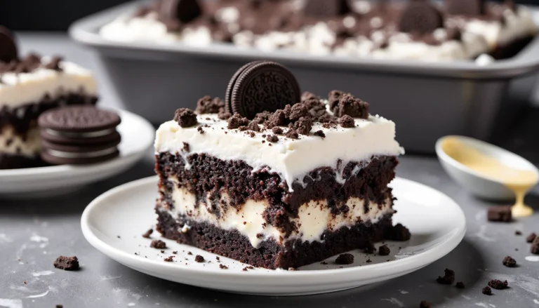 Fudgy chocolate Oreo poke cake slice with creamy cookies‑and‑cream filling and whipped topping, garnished with crushed Oreos