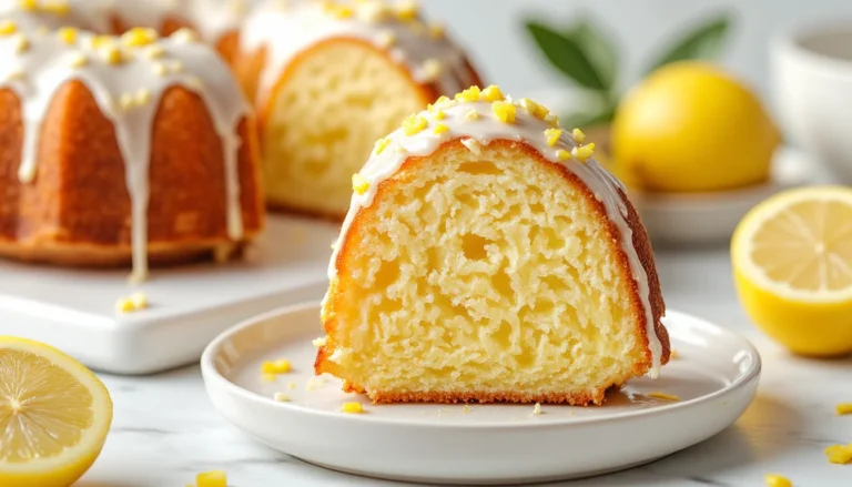 Close-up of a moist keto lemon pound cake slice topped with a sugar-free lemon glaze, served on a white plate with fresh lemons in the background.