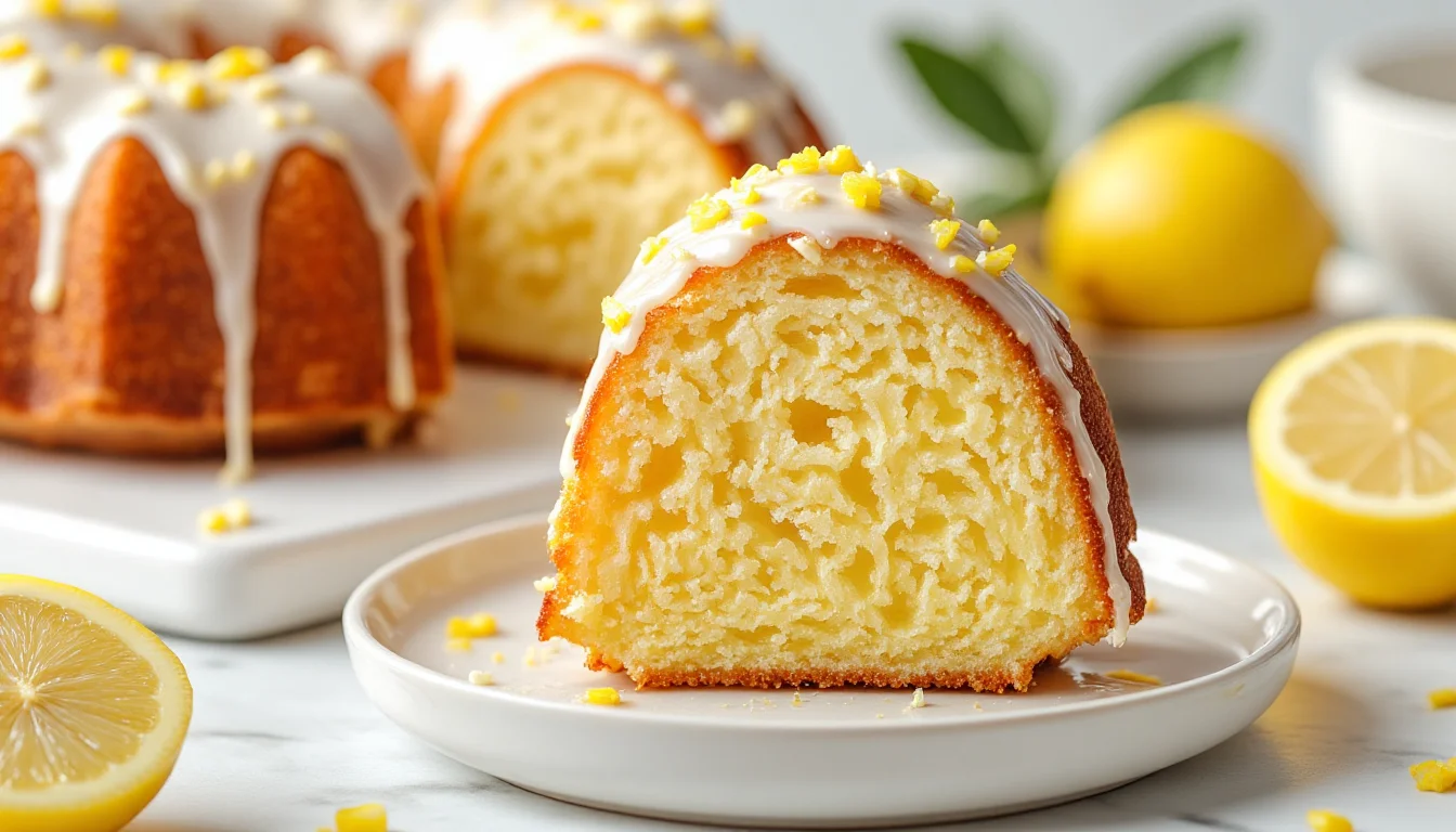 Close-up of a moist keto lemon pound cake slice topped with a sugar-free lemon glaze, served on a white plate with fresh lemons in the background.