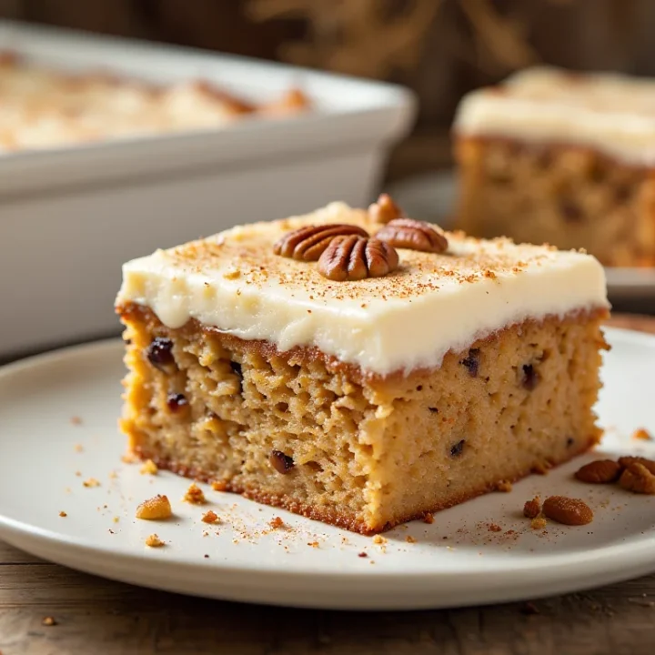 A moist slice of apple spice sheet cake topped with cream cheese frosting and pecans, served on a white plate with cinnamon sticks and apples in the background
