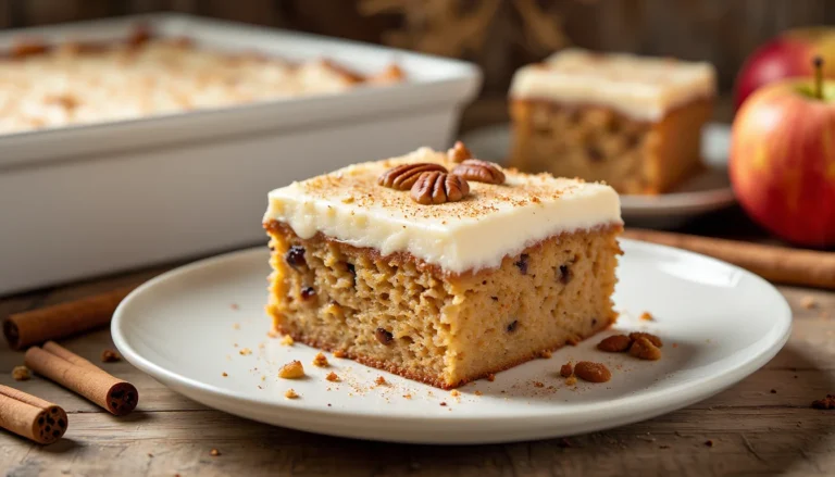 A moist slice of apple spice sheet cake topped with cream cheese frosting and pecans, served on a white plate with cinnamon sticks and apples in the background
