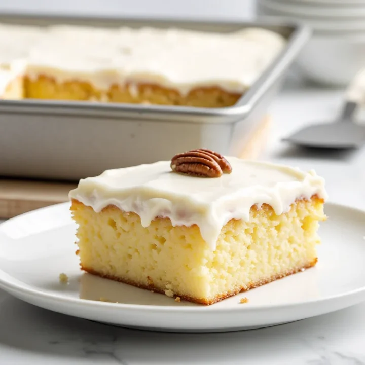 A moist slice of white Texas sheet cake topped with almond frosting and a pecan, served on a white plate with the full cake in the background