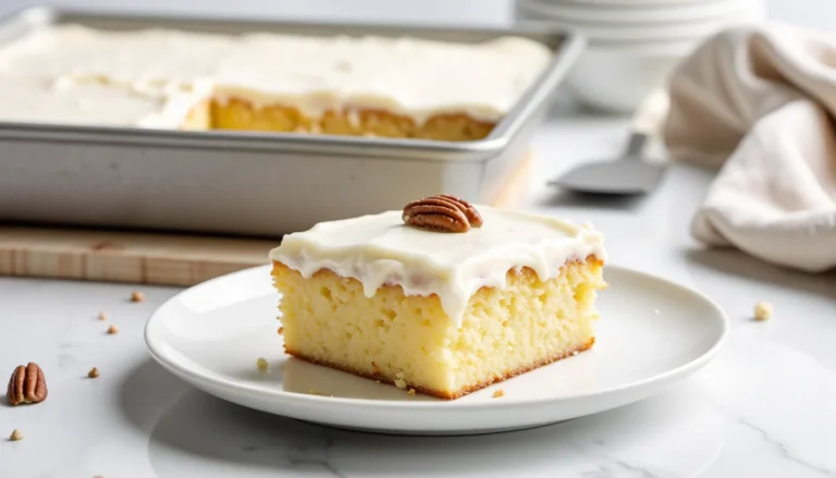 A moist slice of white Texas sheet cake topped with almond frosting and a pecan, served on a white plate with the full cake in the background