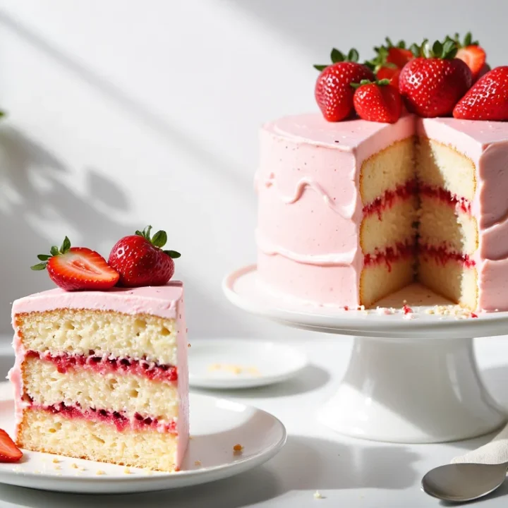 Tall three-layer vanilla sponge cake with pink strawberry cream cheese frosting, topped with fresh strawberries, with one slice on a plate in front showing strawberry filling between the layers in bright natural light.