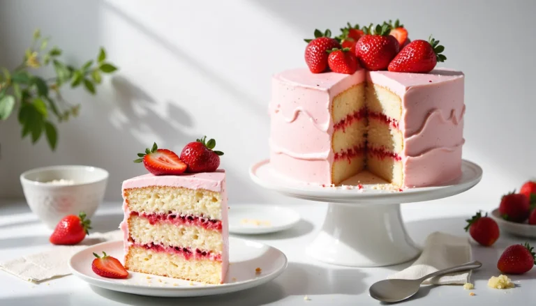 Tall three-layer vanilla sponge cake with pink strawberry cream cheese frosting, topped with fresh strawberries, with one slice on a plate in front showing strawberry filling between the layers in bright natural light.