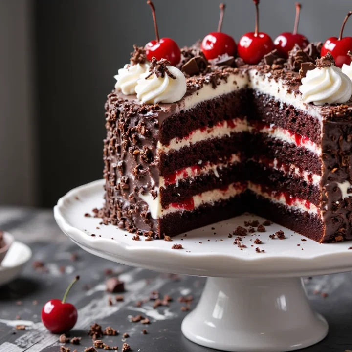 Tall Black Forest cake on a white cake stand, with a slice cut out to show layers of moist chocolate sponge, whipped cream, and cherry filling, topped with whipped cream swirls, chocolate shavings, and bright red cherries.