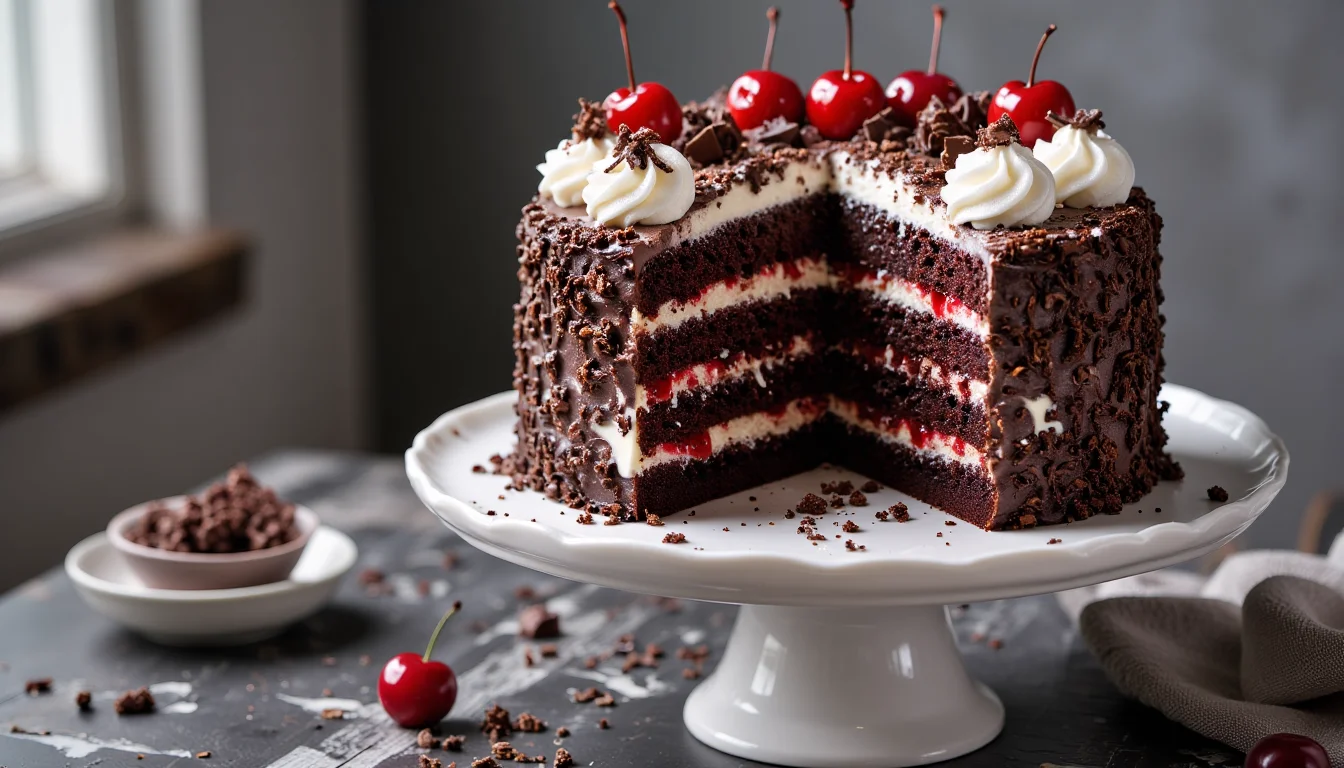 Tall Black Forest cake on a white cake stand, with a slice cut out to show layers of moist chocolate sponge, whipped cream, and cherry filling, topped with whipped cream swirls, chocolate shavings, and bright red cherries.