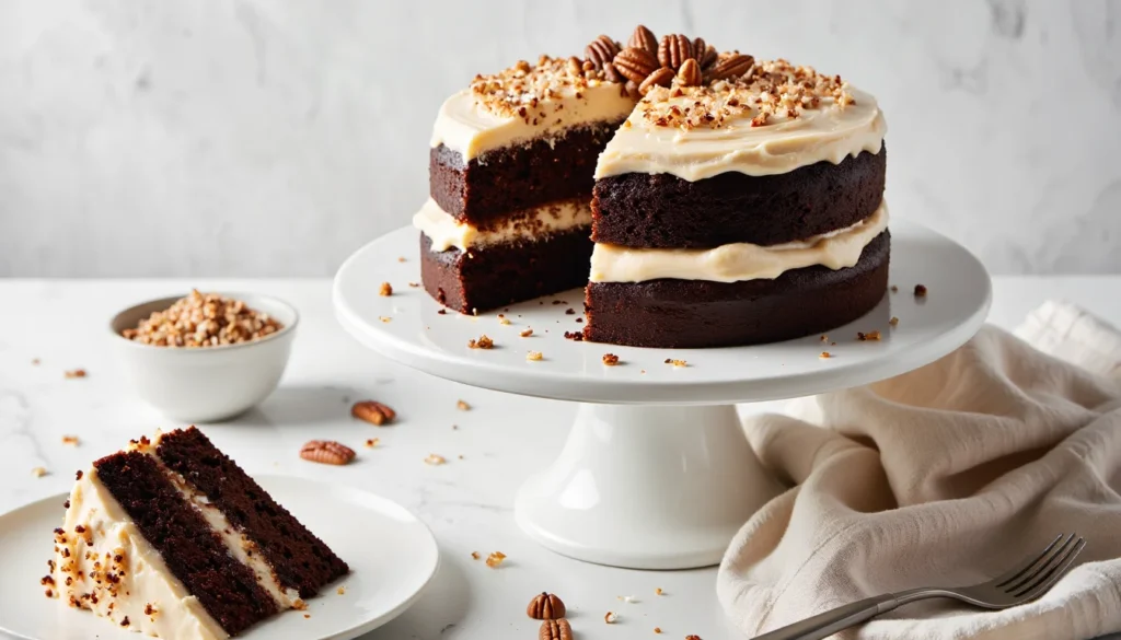 Two-layer German chocolate cake with creamy frosting and chopped pecans on top, displayed on a white cake stand with a slice on a plate in front.