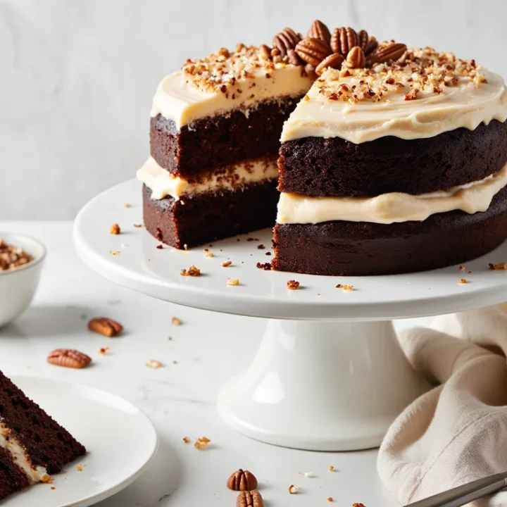 Two-layer German chocolate cake with creamy frosting and chopped pecans on top, displayed on a white cake stand with a slice on a plate in front.