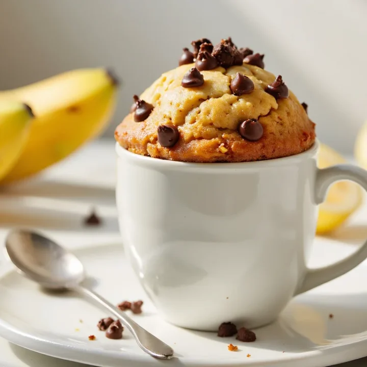 Alt text: A fluffy banana mug cake topped with chocolate chips in a white mug on a plate, with ripe bananas and scattered chocolate chips in the background.