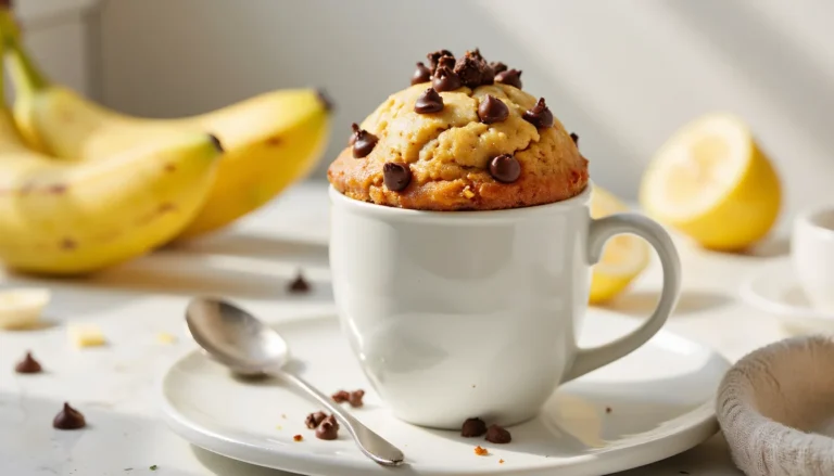 Alt text: A fluffy banana mug cake topped with chocolate chips in a white mug on a plate, with ripe bananas and scattered chocolate chips in the background.
