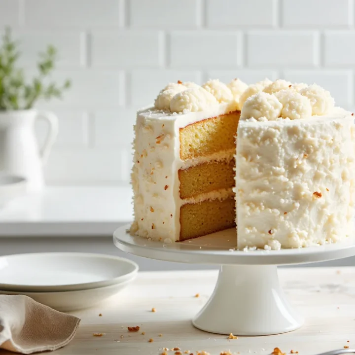 Tall three-layer coconut cake on a white cake stand, covered in coconut cream cheese frosting with one slice removed, crumbs on the table and white subway tile background.