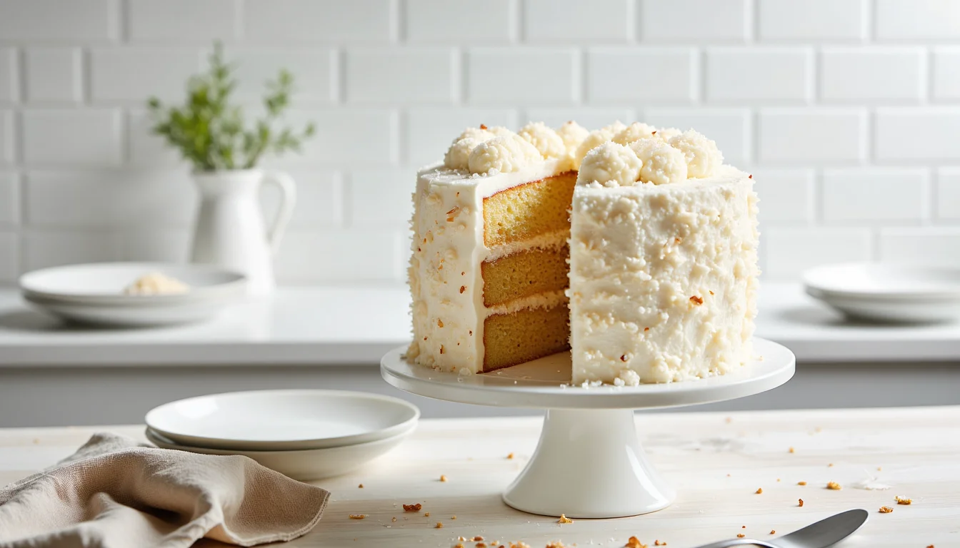 Tall three-layer coconut cake on a white cake stand, covered in coconut cream cheese frosting with one slice removed, crumbs on the table and white subway tile background.