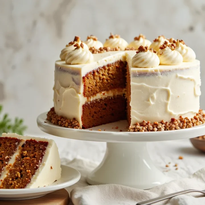 Two-layer moist carrot cake with cream cheese frosting on a white cake stand, topped with piped swirls and chopped nuts, with a slice served on a plate in front.