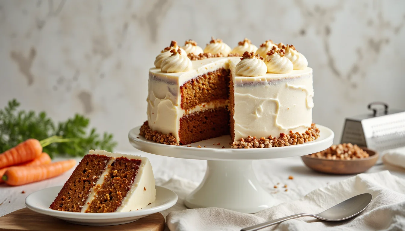 Two-layer moist carrot cake with cream cheese frosting on a white cake stand, topped with piped swirls and chopped nuts, with a slice served on a plate in front.