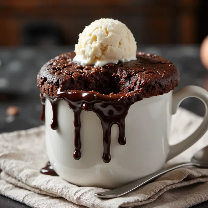 Fudgy chocolate mug cake in a white mug topped with vanilla ice cream and dripping chocolate sauce, sitting on a linen napkin with a spoon.