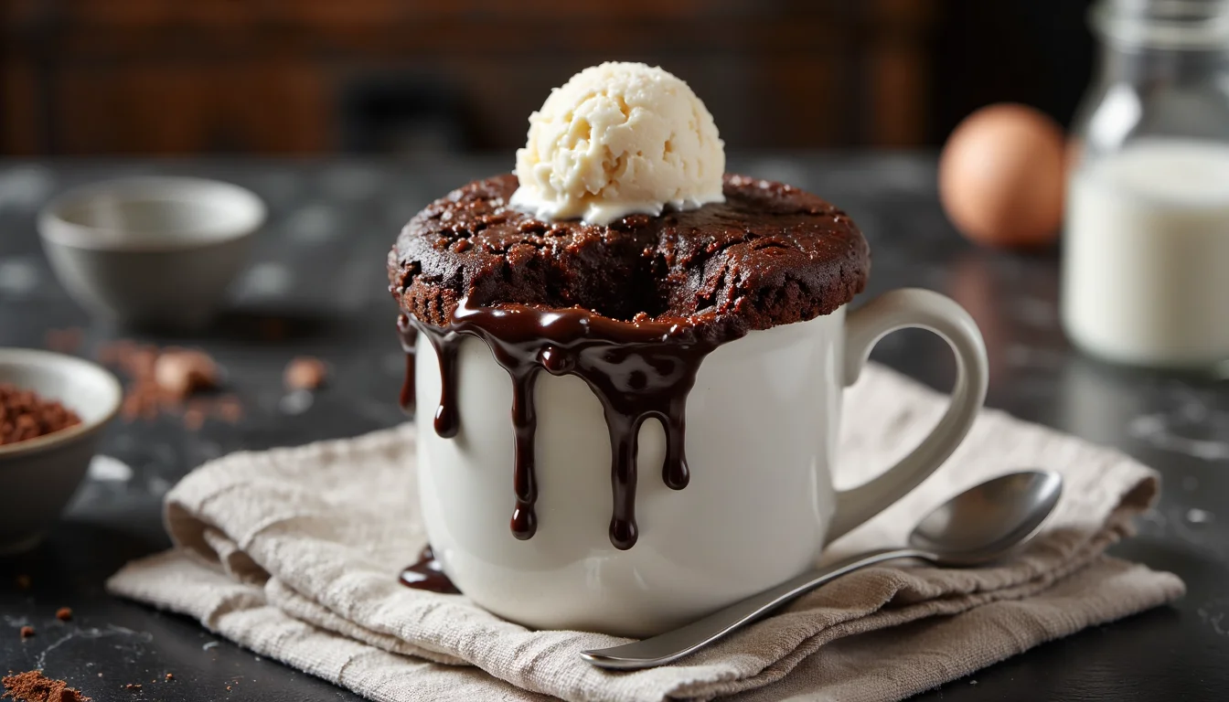 Fudgy chocolate mug cake in a white mug topped with vanilla ice cream and dripping chocolate sauce, sitting on a linen napkin with a spoon.