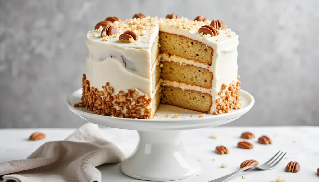 Three-layer Italian cream cake on a white cake stand, covered in cream cheese frosting with toasted coconut and pecans, with one slice cut to show the moist coconut pecan crumb.