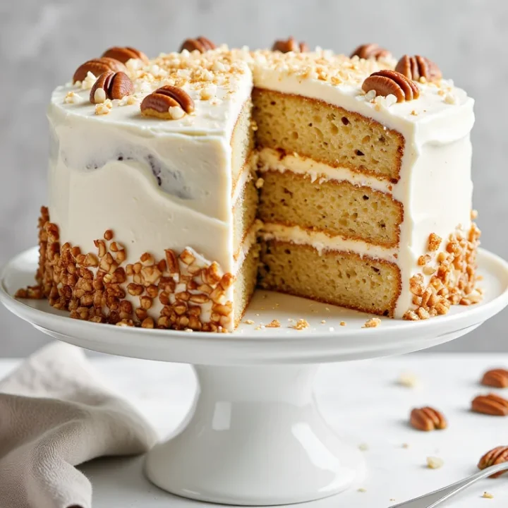 Three-layer Italian cream cake on a white cake stand, covered in cream cheese frosting with toasted coconut and pecans, with one slice cut to show the moist coconut pecan crumb.