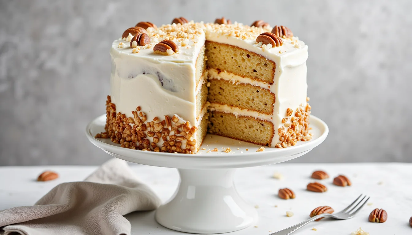 Three-layer Italian cream cake on a white cake stand, covered in cream cheese frosting with toasted coconut and pecans, with one slice cut to show the moist coconut pecan crumb.