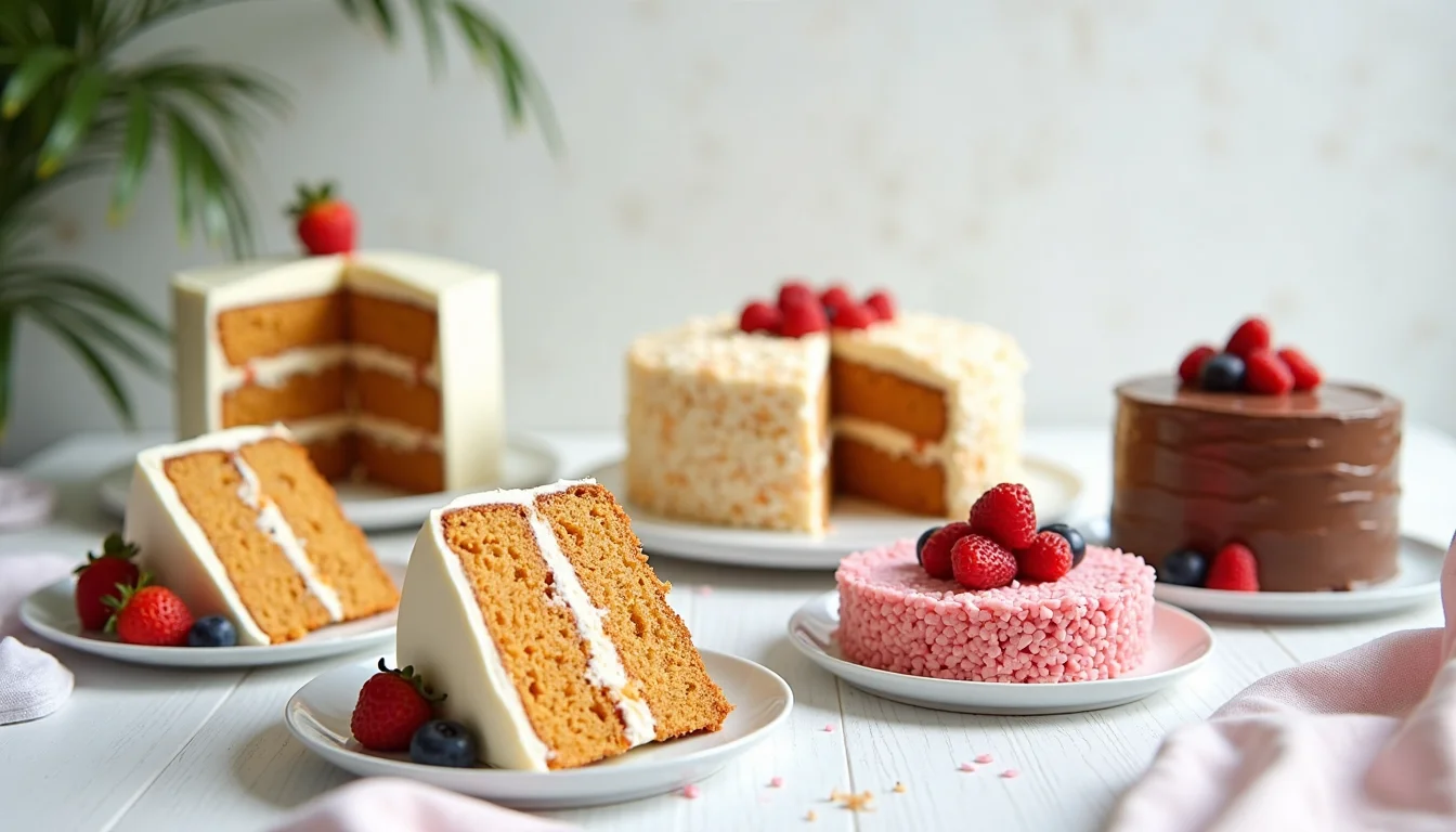 Assorted classic layer cakes on a white table, with slices showing clean layers and topped with fresh strawberries, raspberries, and blueberries.
